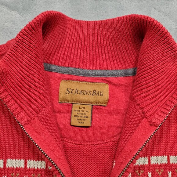 St John's Bay 1/4 Zip Ribbed Holiday Sweater White Red %100 Cotton Men Sz L - Picture 3 of 12